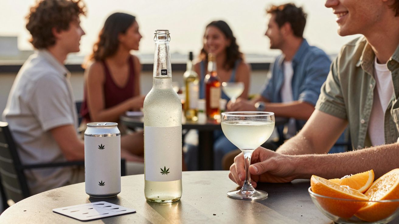 Grup de prieteni socializând la o masă în aer liber, cu băuturi și felii de portocală pe masă.