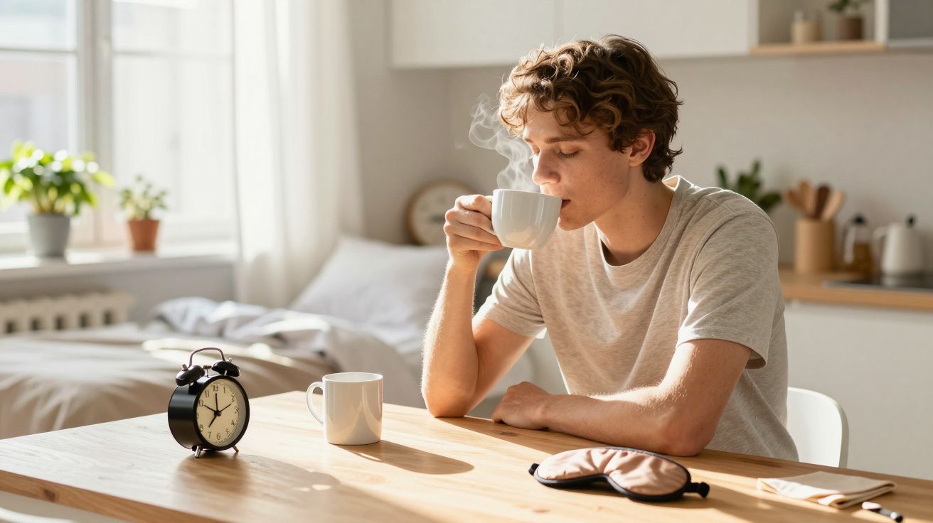 Tânăr bărbat bea ceai sau cafea la masă într-o cameră luminoasă, cu un ceas desteptător și mască de somn pe masă.