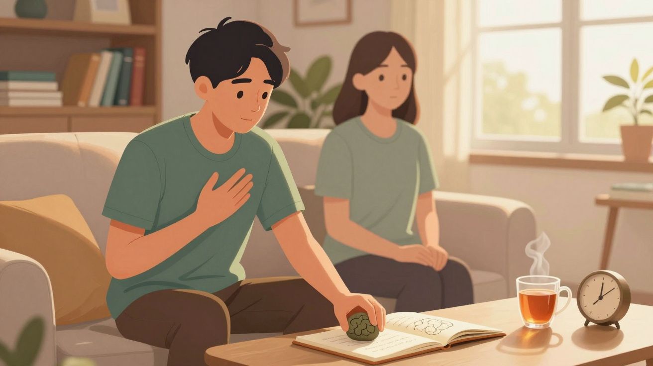 Un bărbat și o femeie stau pe canapea, el ține o piatră, pe masă ceai aburind și un ceas.