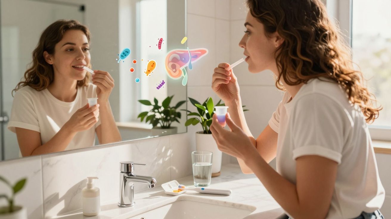 Femeie care ia un test de saliva pentru detectarea bacteriilor în baie, în fața oglinzii.