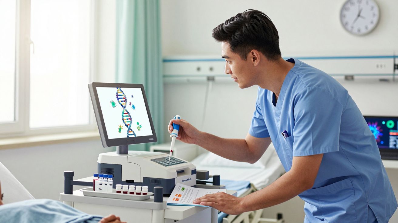 Tehnician medical în halat albastru care folosește pipetă lângă echipament de testare ADN într-un spital.