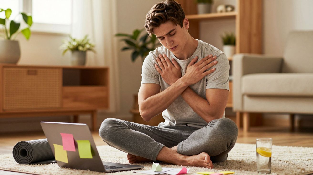 Tânăr care face exerciții de stretching pentru piept în fața unui laptop, în camera de zi.