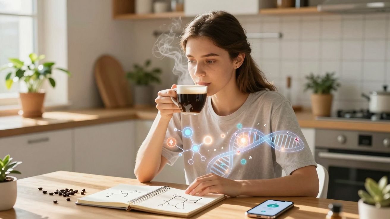 Tânără ce bea cafea în bucătărie, studiază grafice științifice cu ilustrații ADN digitale.