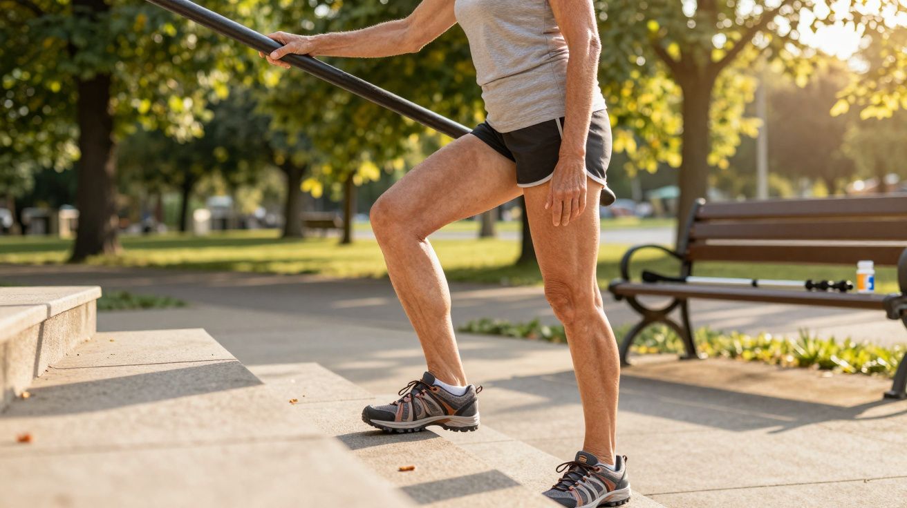 Persoană în echipament sportiv face exerciții pe trepte în parc, ținându-se de balustradă.