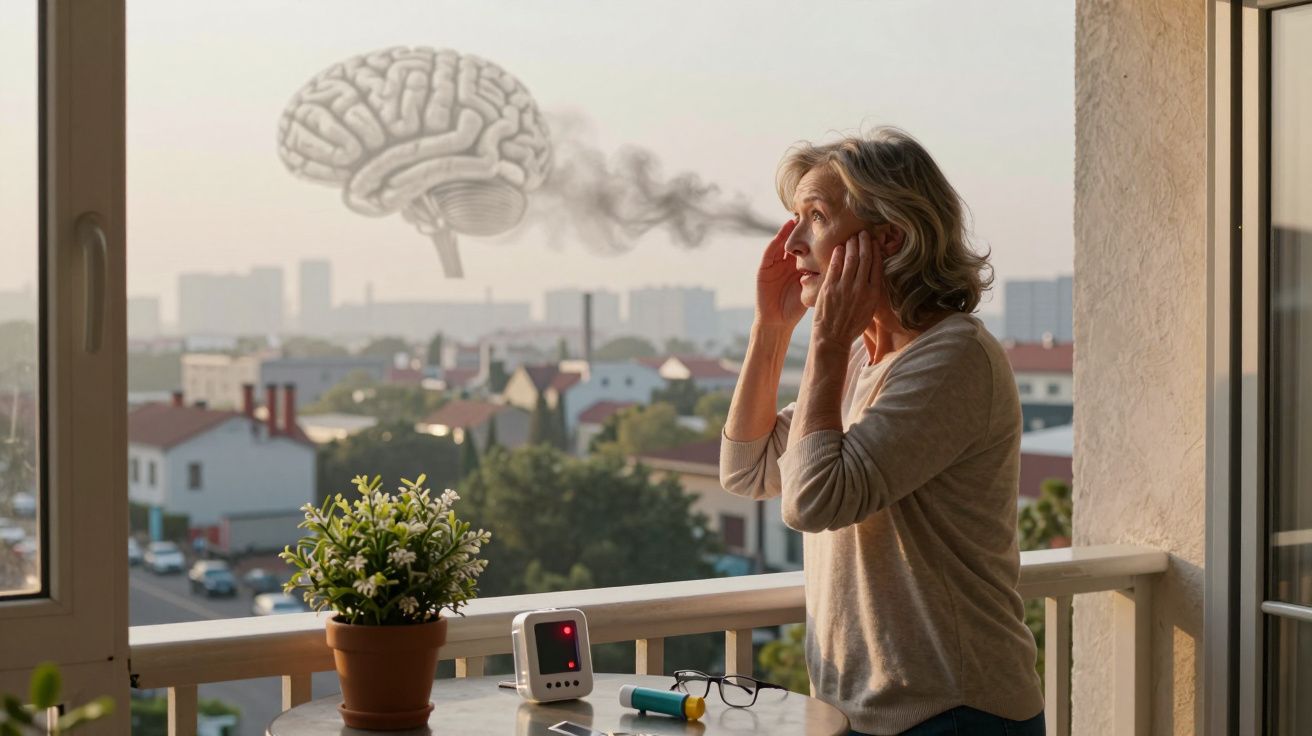 Femeie în vârstă pe balcon aparent stresată, cu o reprezentare grafică a unui creier și fum care iese din el.