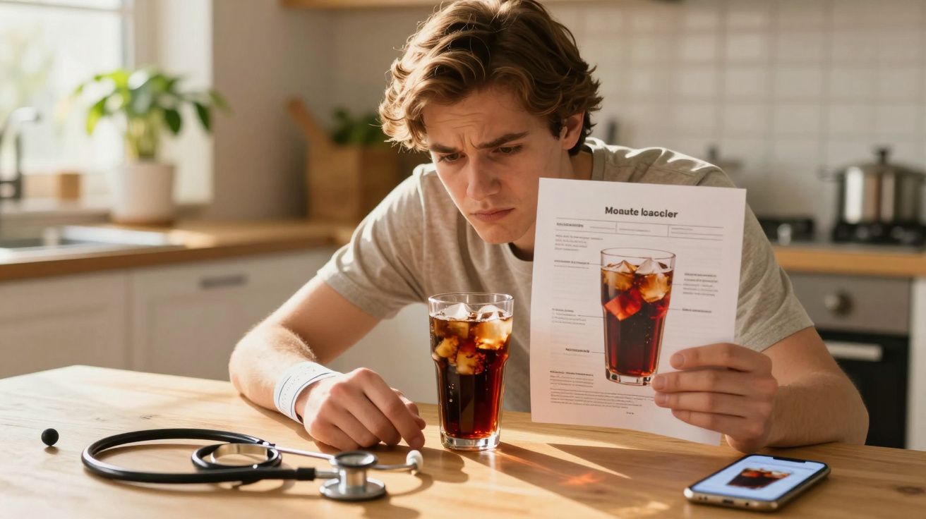 Tânăr concentrat citind instrucțiuni pentru un pahar cu băutură rece în bucătărie, cu stetoscop pe masă.