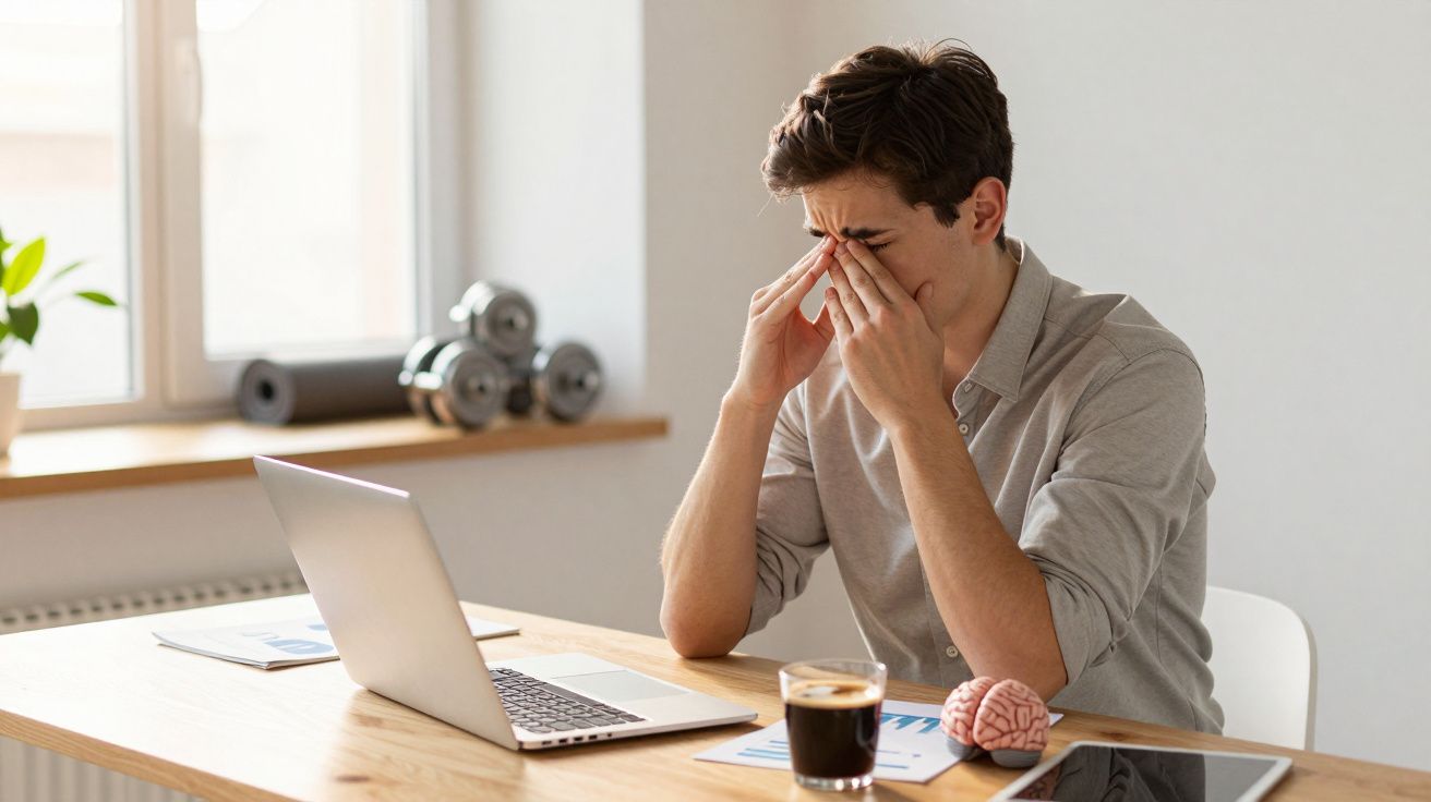Bărbat obosit la birou se freacă la ochi stând în fața unui laptop și a unei căni cu cafea.