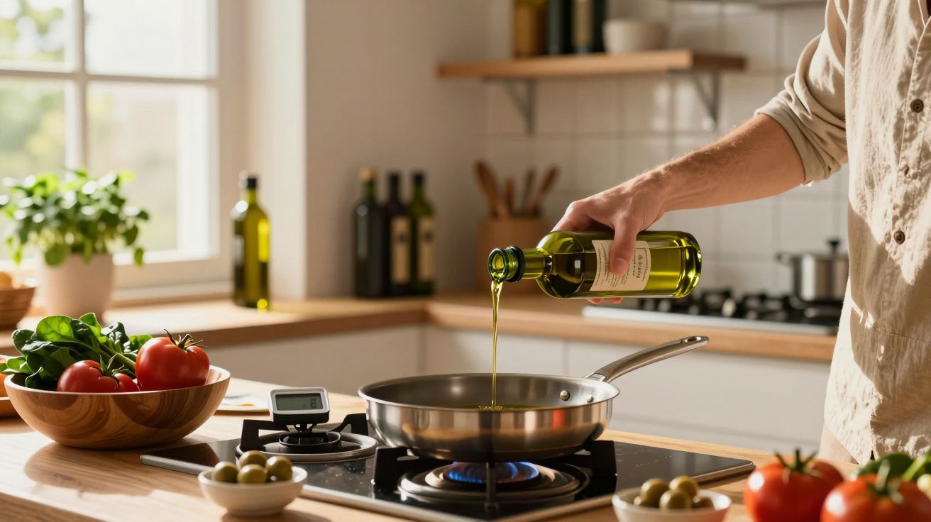 Persoană toarnă ulei de măsline într-o tigaie pe aragaz într-o bucătărie luminosă, cu legume proaspete pe masă.