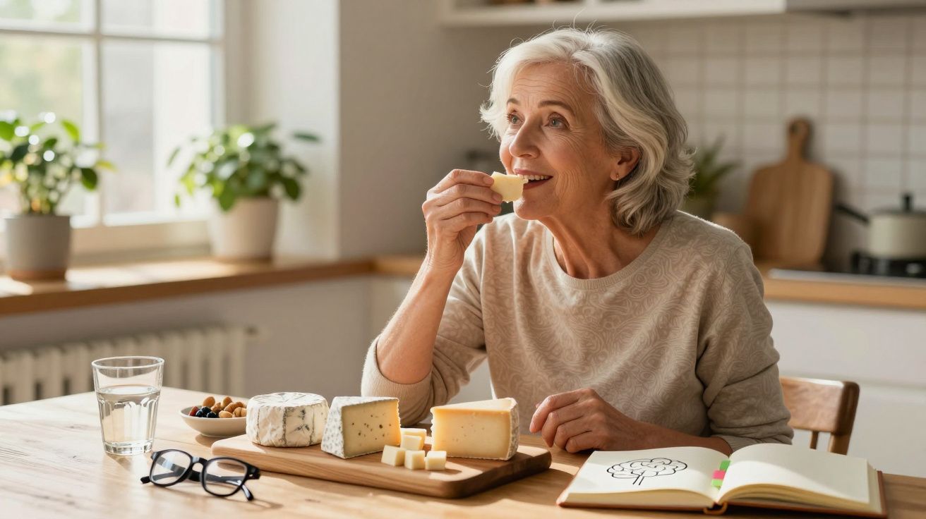 Femeie în vârstă care gustă brânză la masă, cu carte și geamuri luminoase în bucătărie.