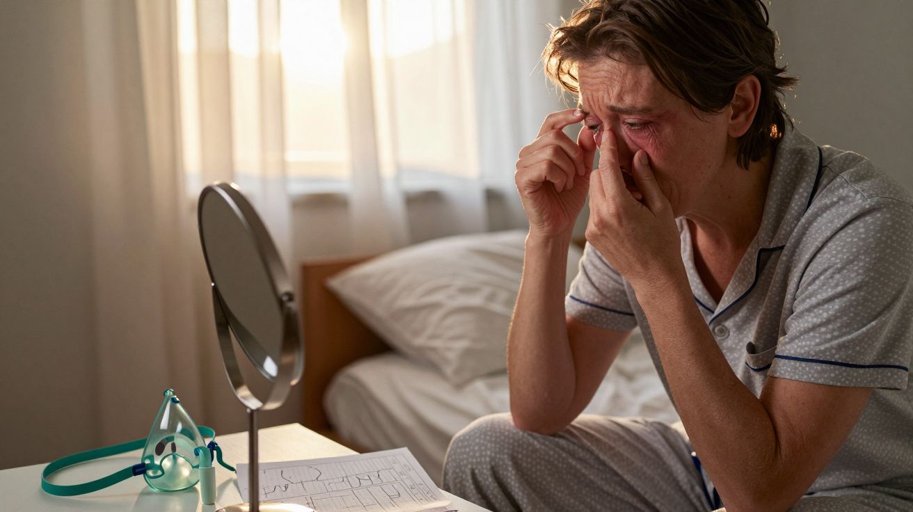 Bărbat în pijama, cu ochii roșii, aplicând picături de ochi în fața unei oglinzi în dormitor.