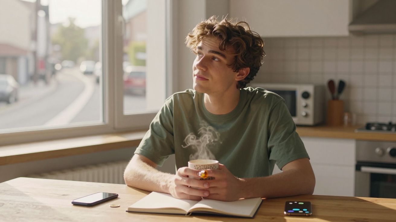 Tânăr visător care ține o ceașcă de cafea fierbinte în bucătărie, cu caiet și telefoane pe masă lângă el.