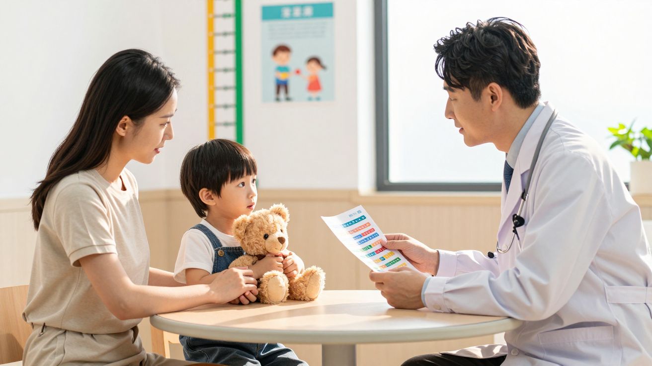 Medic discutând rezultate cu mama și copilul ei care ține un ursuleț de pluș la o masă în cabinet.