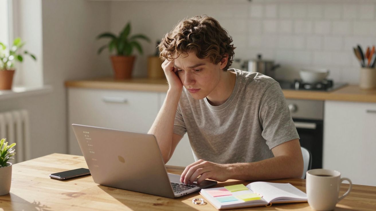 Tânăr concentrat lucrează la laptop într-o bucătărie luminoasă, cu caiet și ceașcă pe masă.