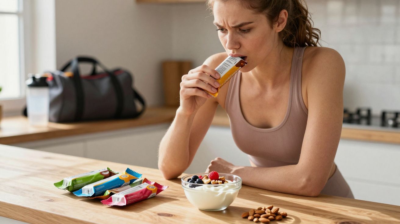 Femeie tânără în trening, gândind înainte să mănânce o batonașă proteică la masă cu iaurt și nuci.