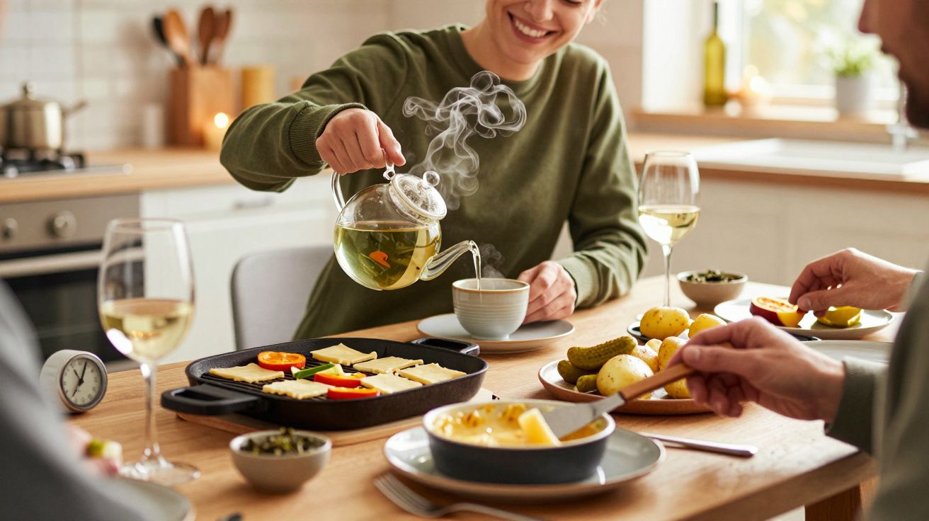 O persoană varsă ceai într-o cană într-o bucătărie, iar pe masă sunt mâncăruri și vin alb.