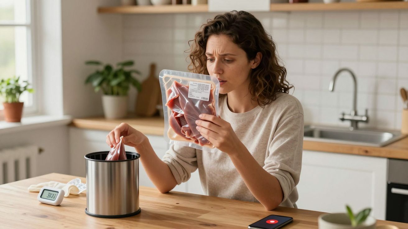 Femeie îngrijorată aruncând carne ambalată într-un coș de gunoi în bucătărie modernă.