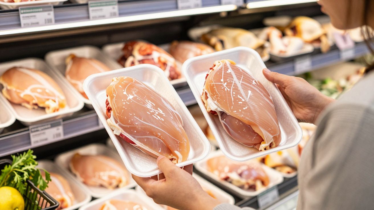 Persoană comparând două pachete cu piept de pui crud în raftul frigorific al unui magazin alimentar.