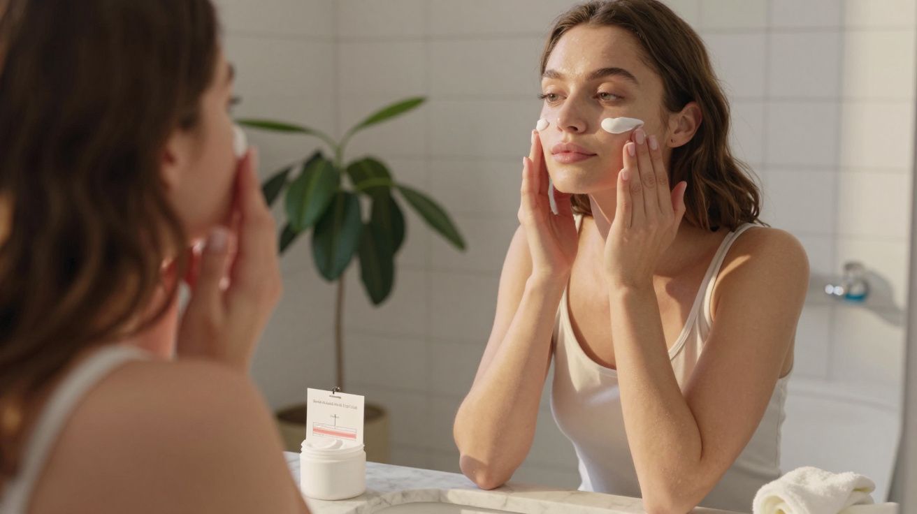 Femeie aplicând cremă hidratantă pe față, oglindindu-se în baie lângă ghiveci cu plantă.