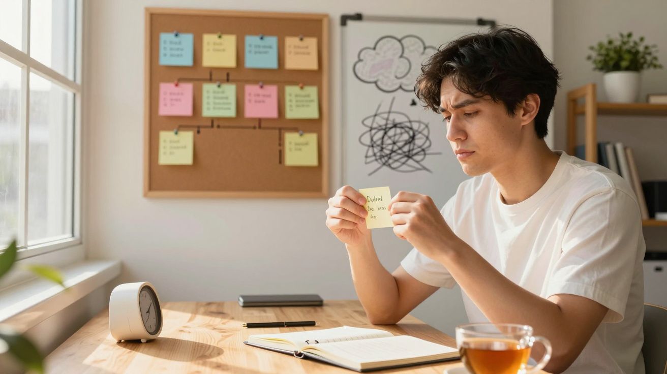 Tânăr concentrat la birou, ținând o notă lipicioasă, cu ceas și ceai pe masă lângă fereastră luminoasă.