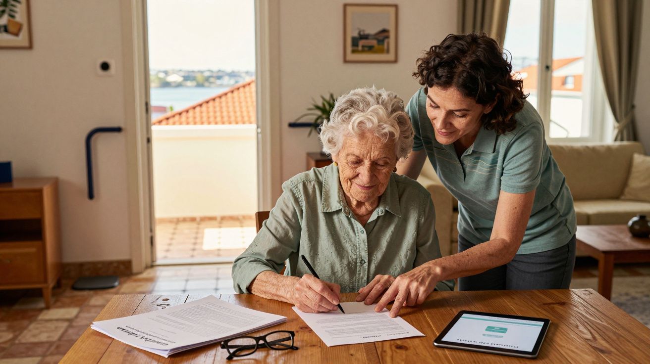 O femeie tânără ajută o femeie în vârstă să completeze un formular într-o cameră luminoasă.