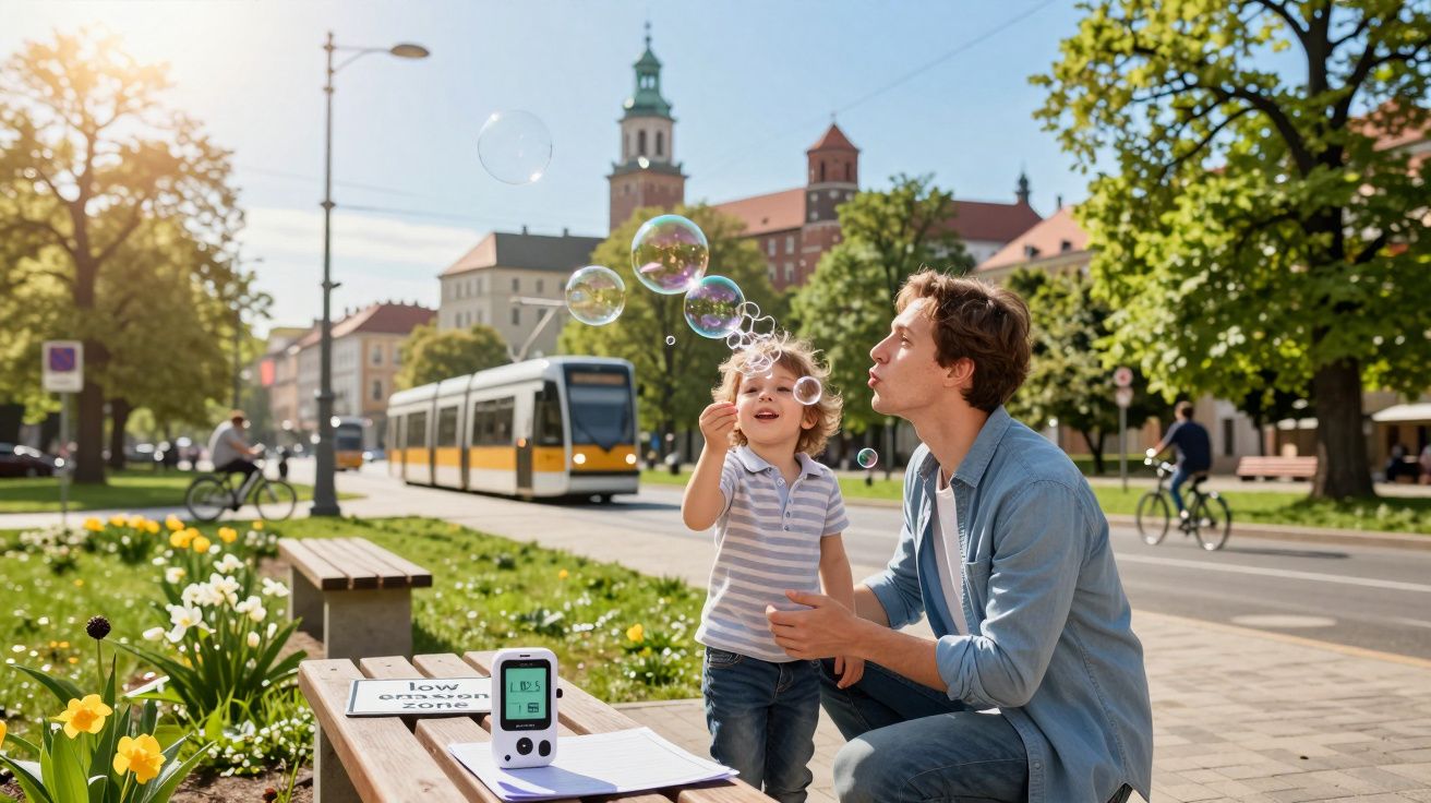 Bărbat și copil fac baloane de săpun pe o bancă în parc, cu tramvai și clădiri vechi în fundal.