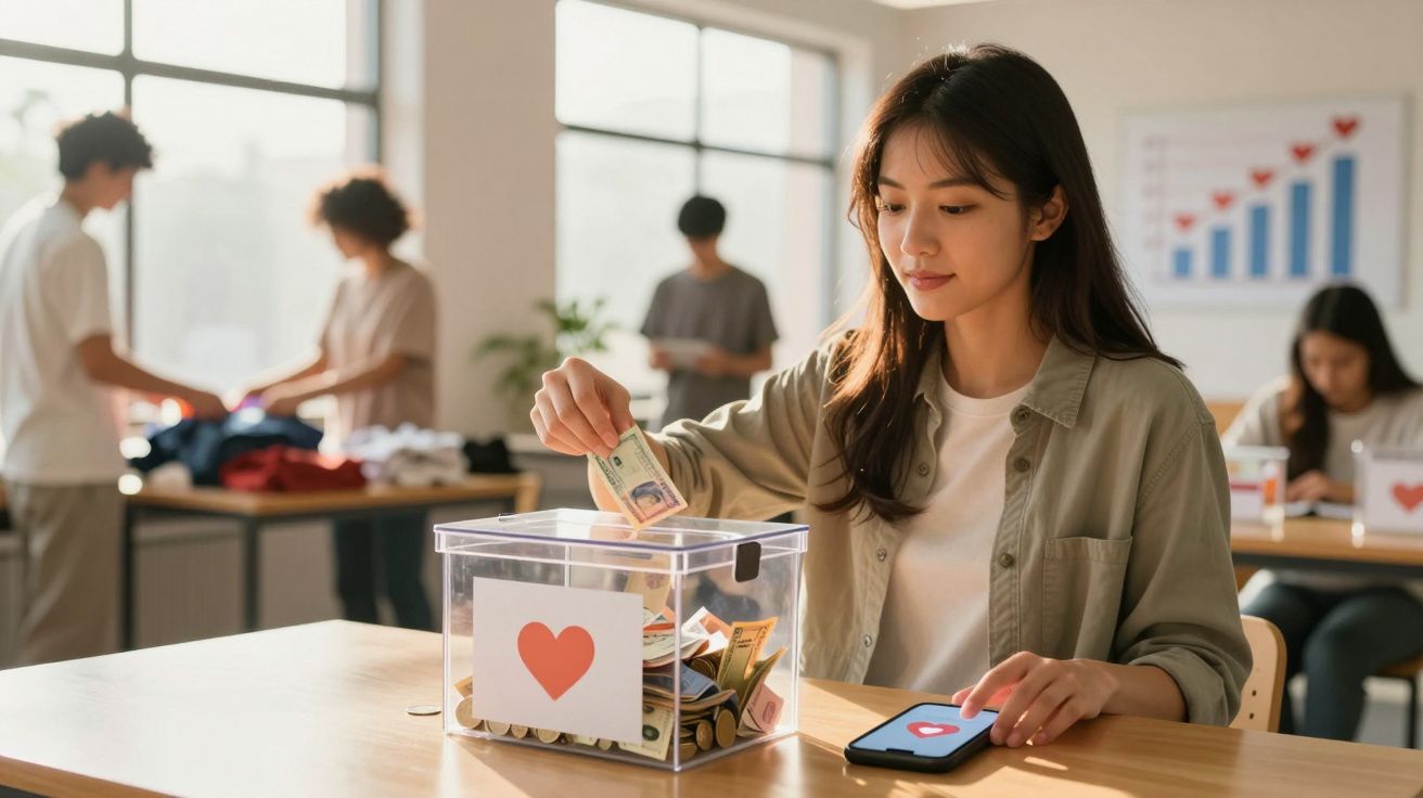 Tânără donează bani într-o cutie transparentă cu inimă pentru caritate, în interior cu alți voluntari.