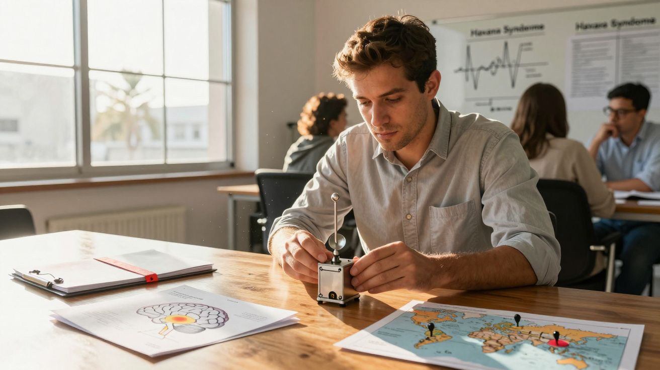 Bărbat tânăr concentrat studiind un model științific cu hărți și diagrame pe masă într-o clasă luminoasă.