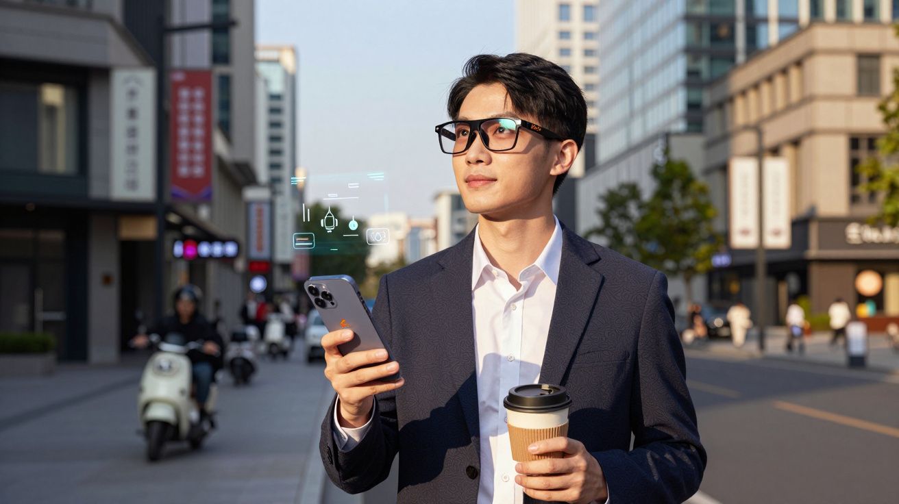 Bărbat îmbrăcat elegant, purtând ochelari, ține un telefon și o cafea, plimbându-se pe stradă urbană.