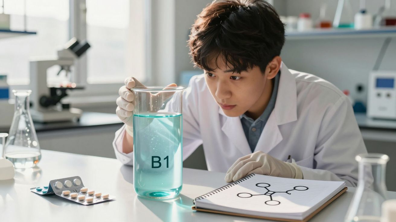 Cercetător tânăr examinează un lichid albastru etichetat B1 într-un laborator științific modern.