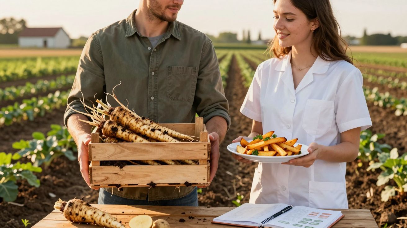 Bărbat cu ladă de rădăcinoase și femeie cu farfurie de cartofi prăjiți într-o fermă în timpul recoltării.