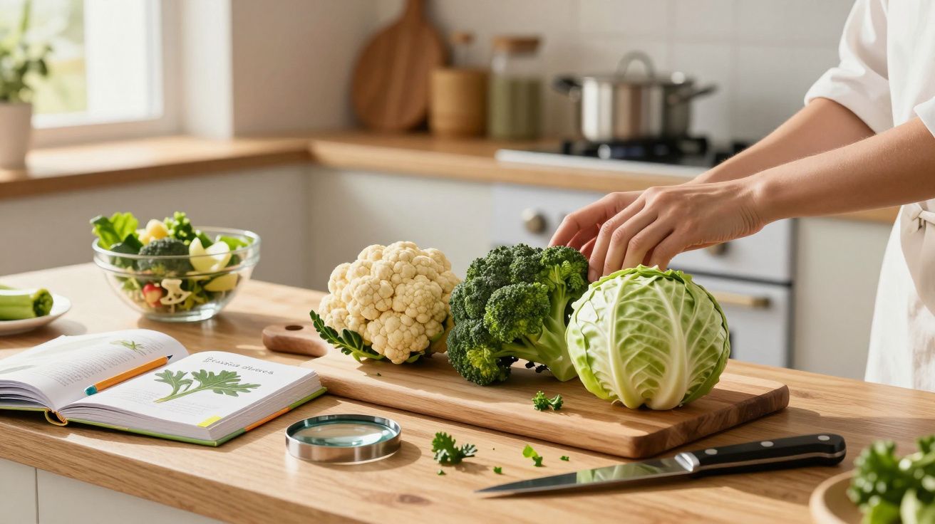 Persoană pregătind legume proaspete – conopidă, broccoli și varză, într-o bucătărie luminoasă, cu carte deschisă.