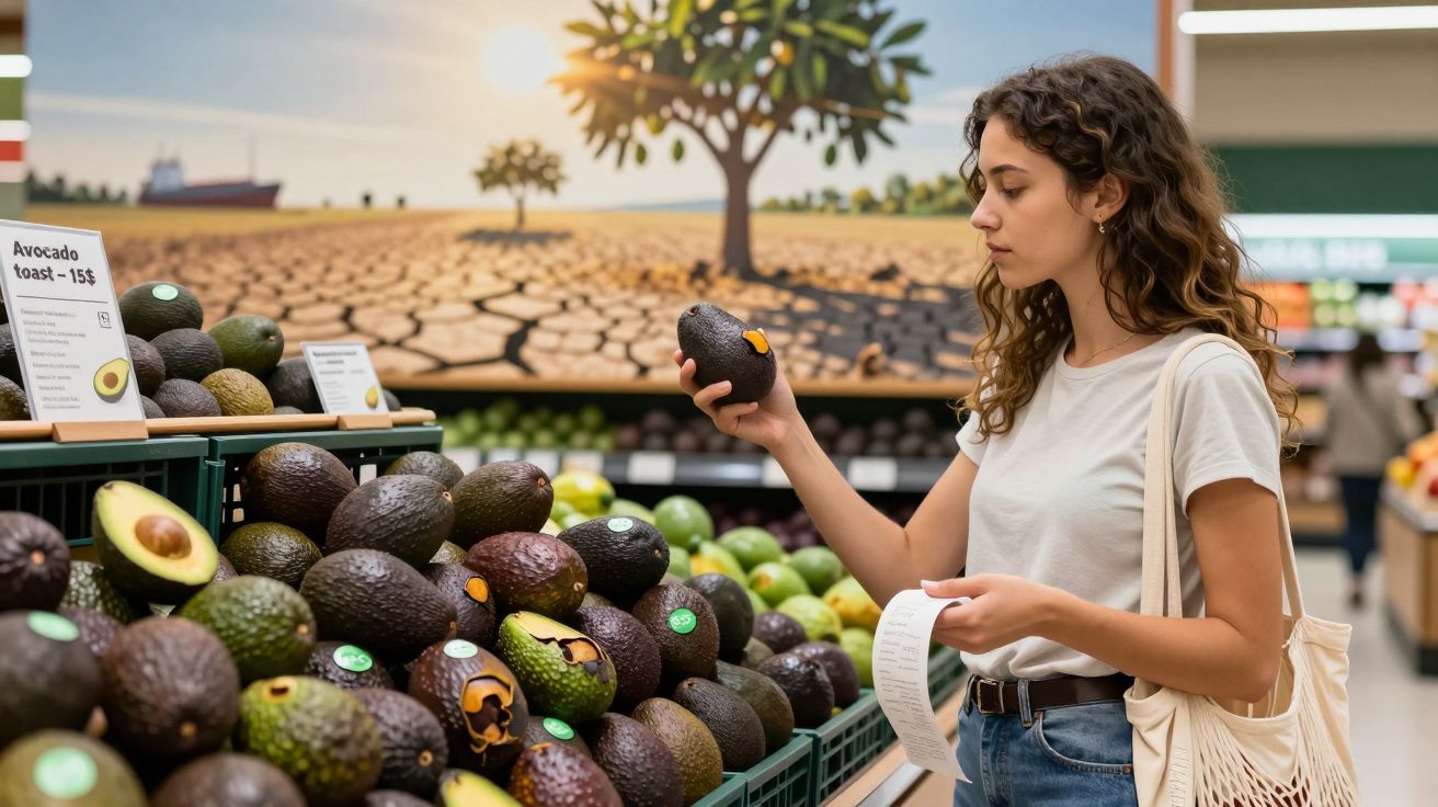 Femeie tânără cumpărând avocado în supermarket, ținând lista de cumpărături.