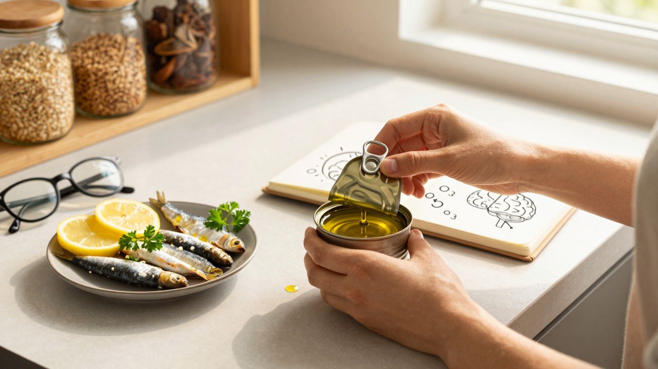 Mâini deschid o conservă cu pește marinată lângă o farfurie cu sardine, felii de lămâie și pătrunjel.