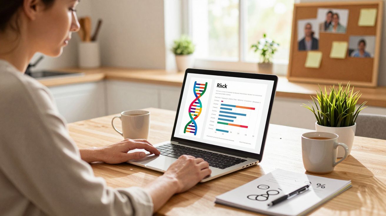 Persoană care analizează rezultate genetice pe laptop într-un birou luminos și modern.