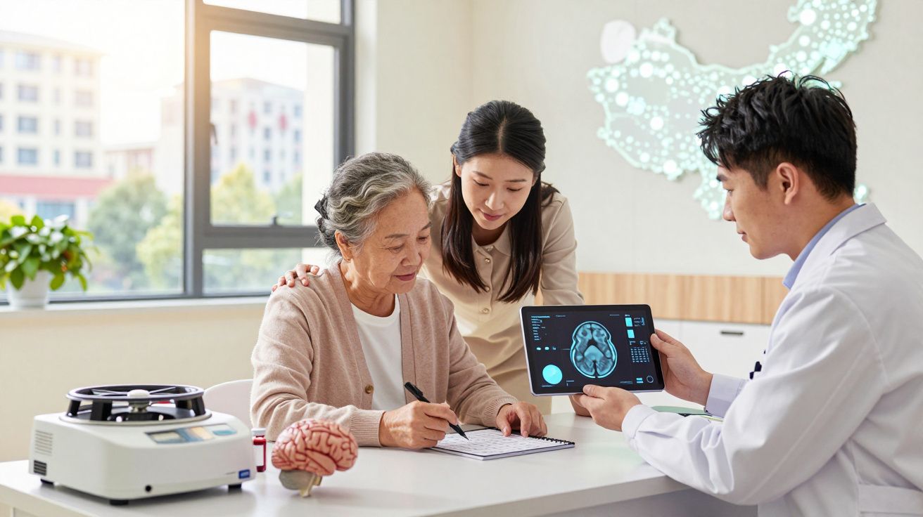 Medicul explică o scanare cerebrală pacientei în vârstă, cu o asistentă sprijinindu-i ușor pe umăr.