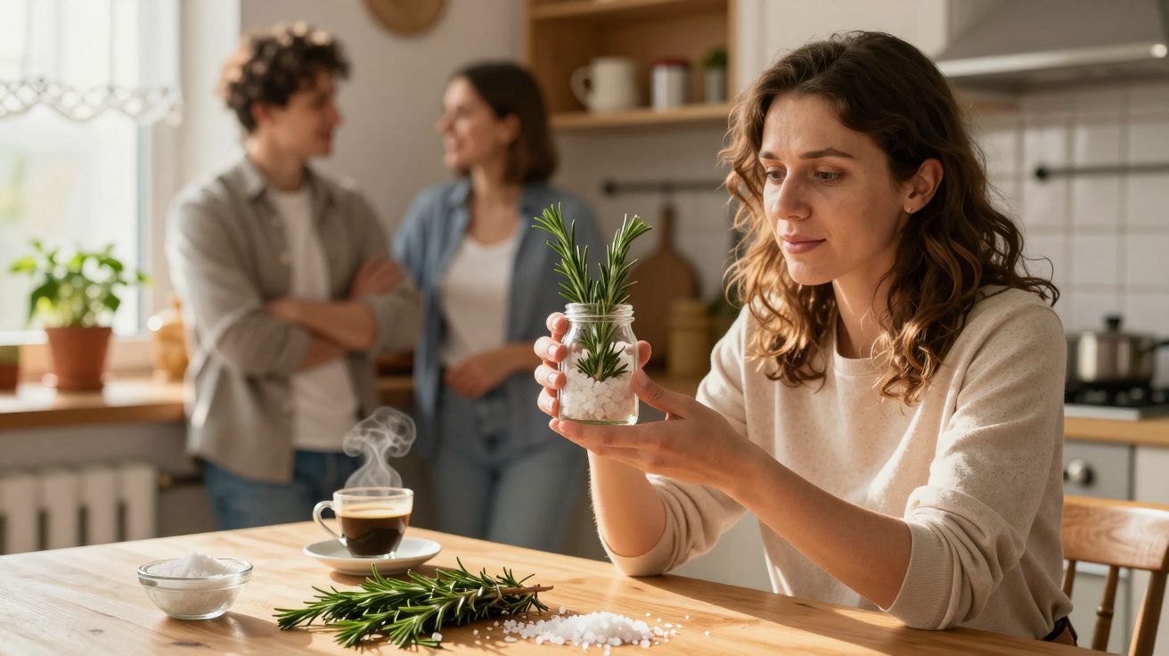 Femeie ținând un borcan cu rozmarin, în bucătărie, în timp ce doi oameni discută în fundal.