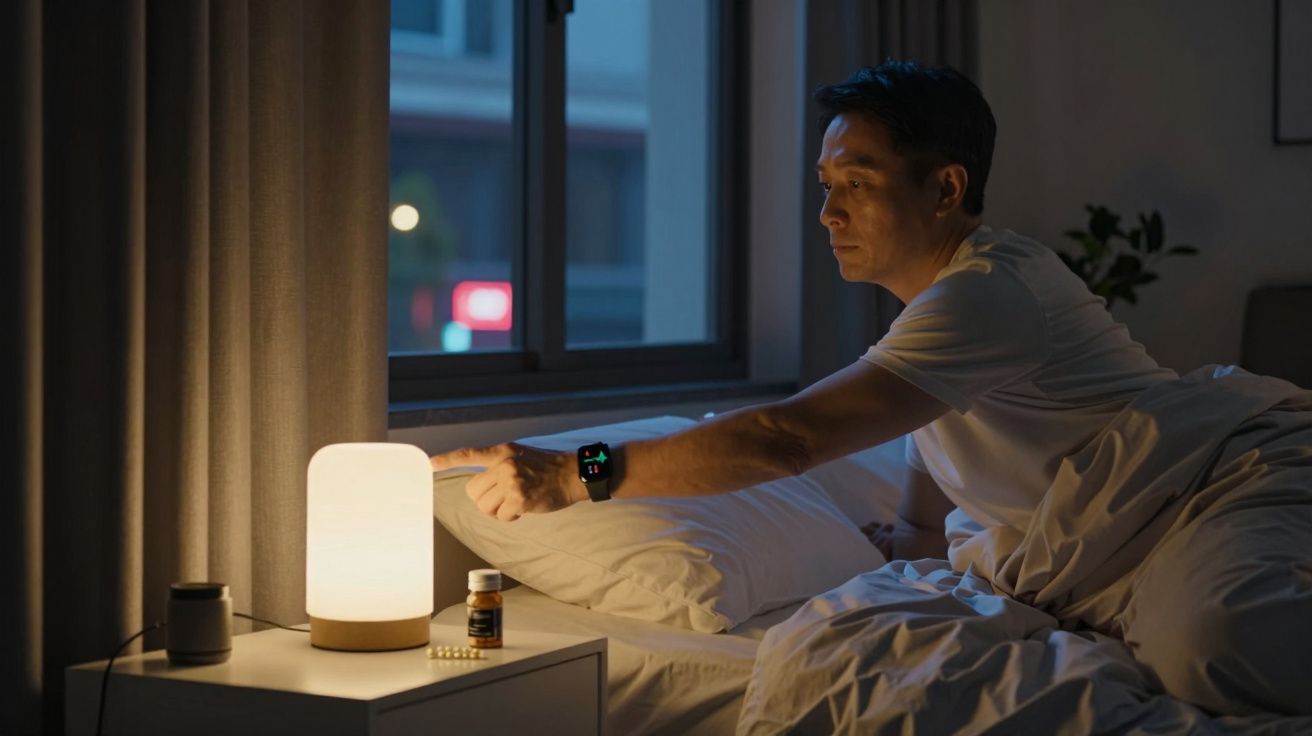 Bărbat în pijamale aprinzând o lampă de noptieră lângă pat, în dormitor, noaptea.