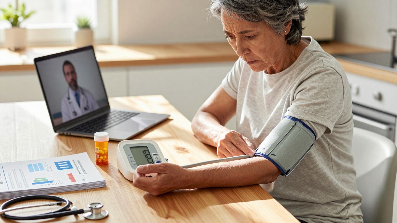 Femeie măsoară tensiunea arterială acasă, consultând online un medic pe laptop pentru recomandări.