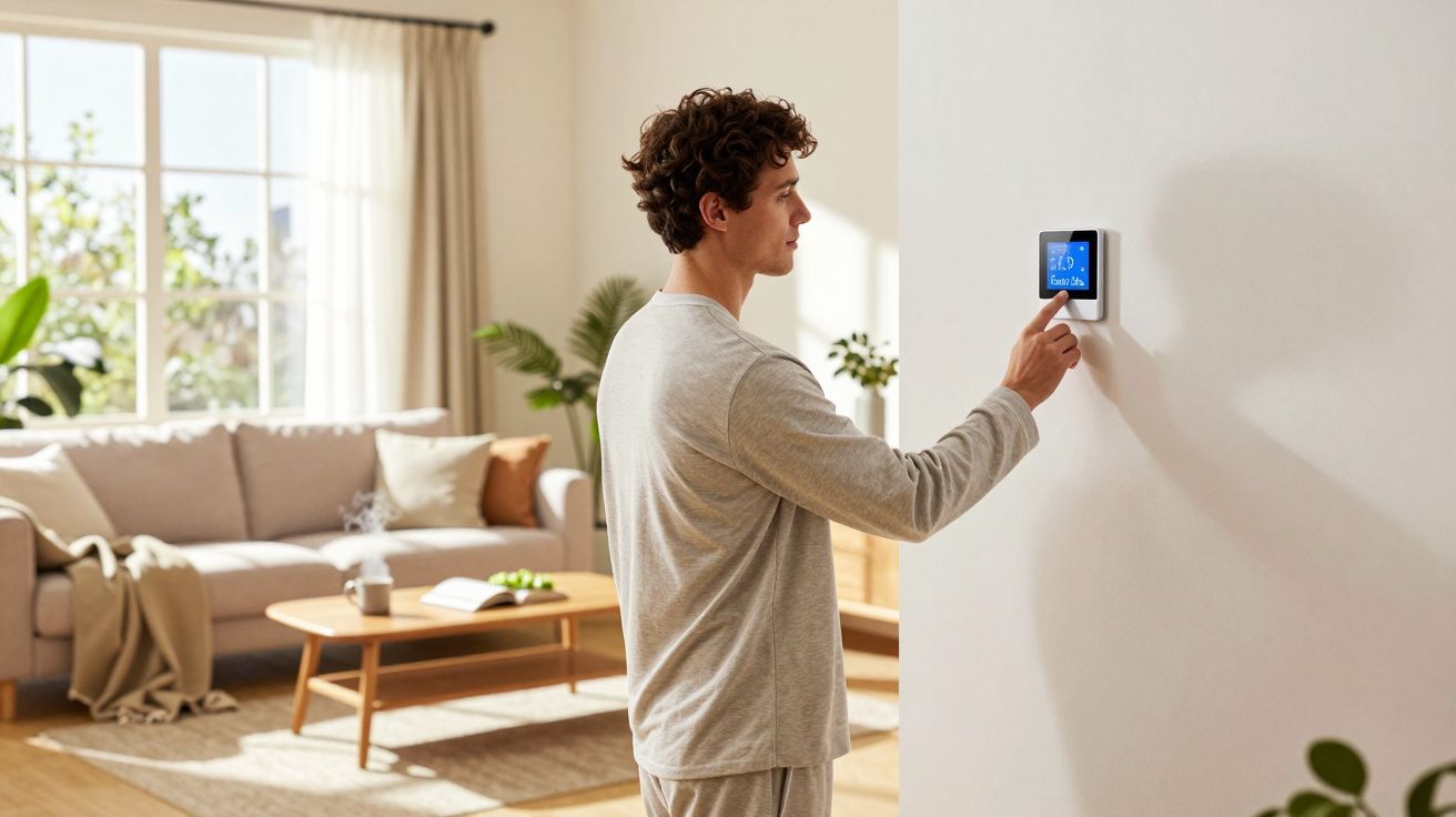 Bărbat ajustează termostatul digital într-un living luminos și modern.