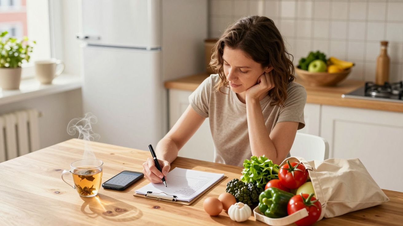 Femeie tânără scriind la o masă de bucătărie cu legume proaspete, ouă și ceai aburind lângă telefon.