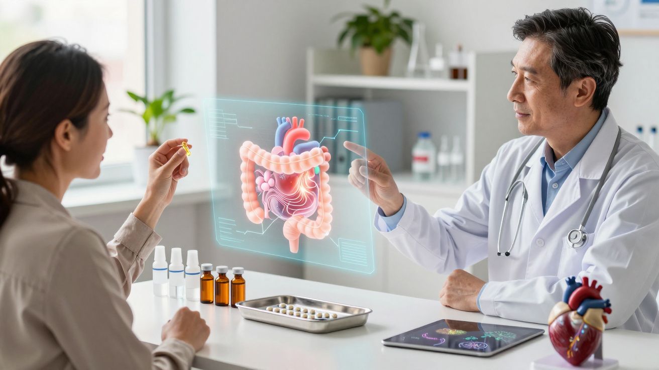 Doctor explicând pacientului structura sistemului digestiv folosind hologramă 3D într-o clinică modernă.