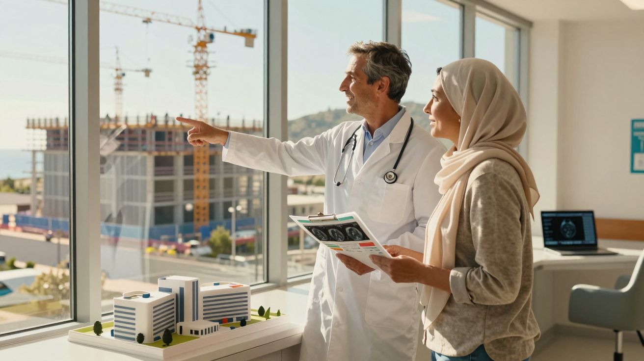 Medic bărbat, cu halat alb și stetoscop, discută rezultate cu femeie musulmană într-un birou cu fereastră mare.