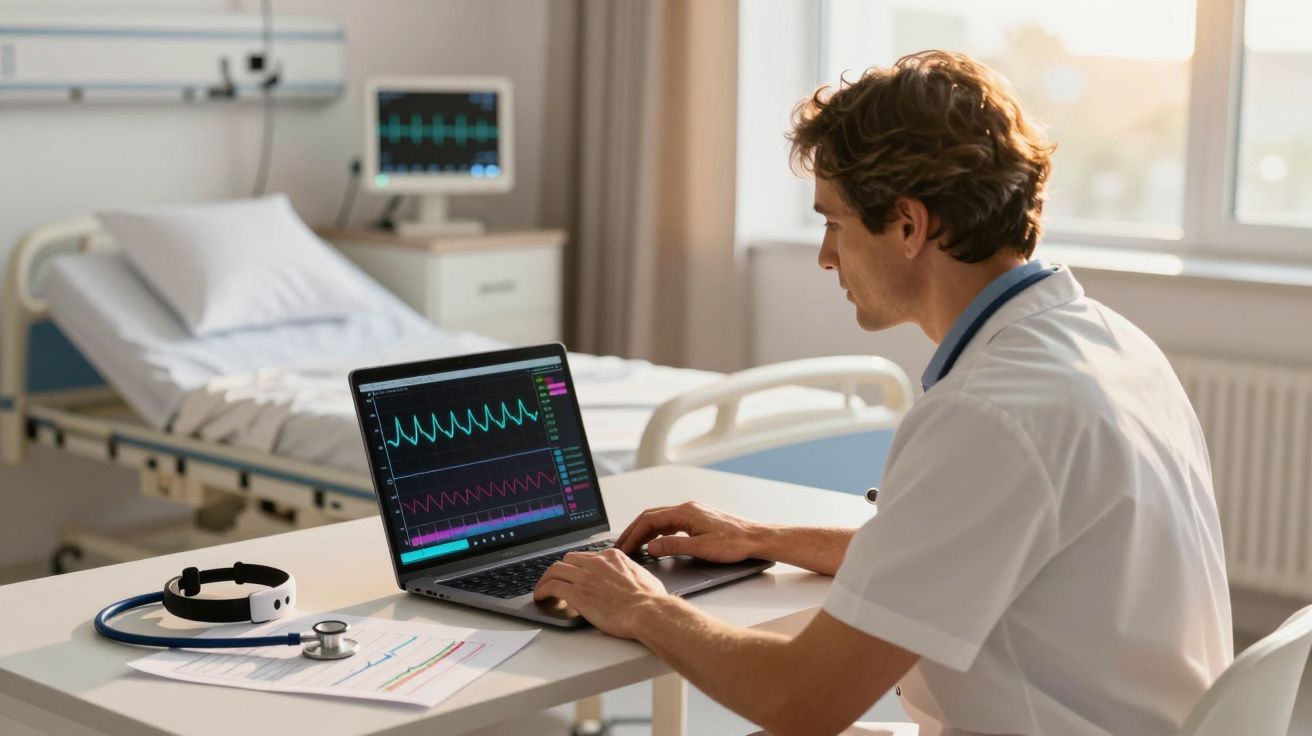 Medic analizează datele vitale pe laptop într-un salon spitalicesc, cu pat și monitor medical în fundal.