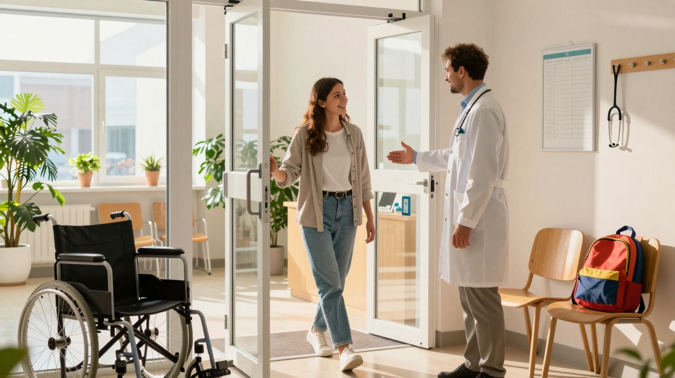 Doctorul întâmpină o pacientă tânără la intrarea în cabinetul medical luminos și primitor.