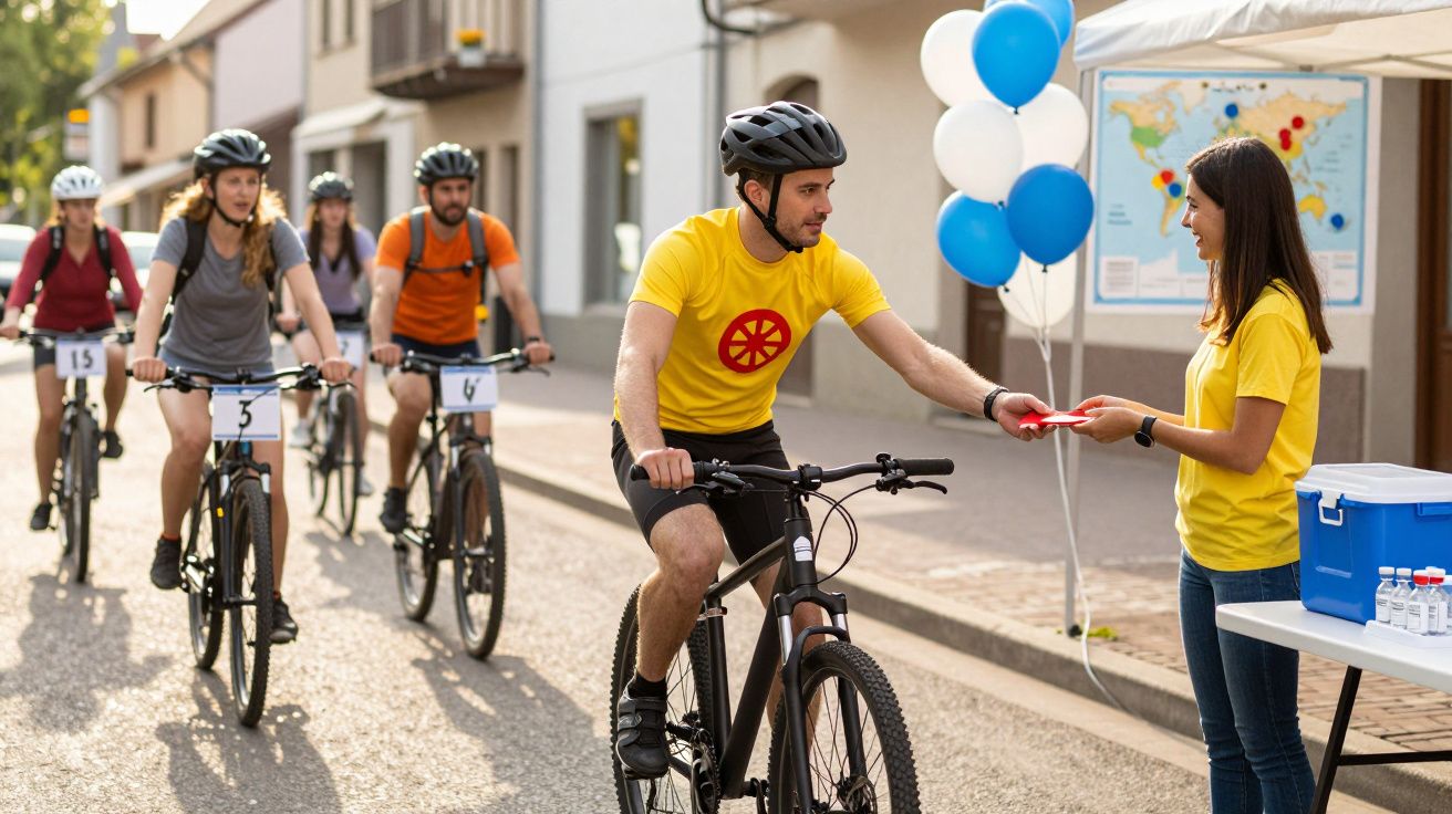 Cicliști într-un concurs primesc hidratare și suport de la voluntar pe un drum urban însorit.