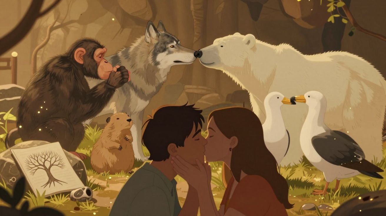 Un cuplu sărutându-se în fața unui grup de animale: maimuță, vulpe, urs polar, castor și păsări.
