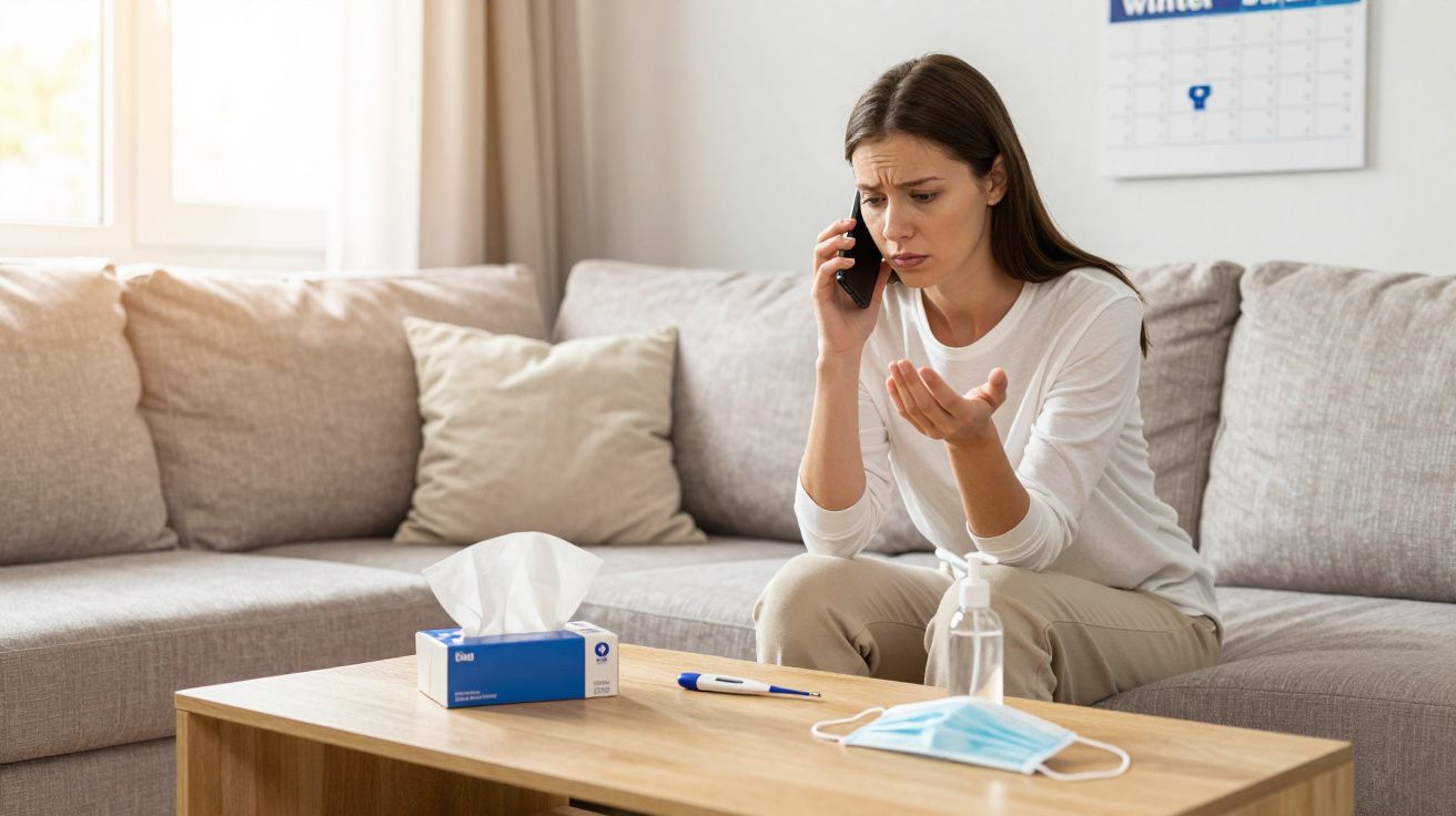 Femeie îngrijorată vorbind la telefon, în sufragerie, cu măști, termometru și dezinfectant pe masă.