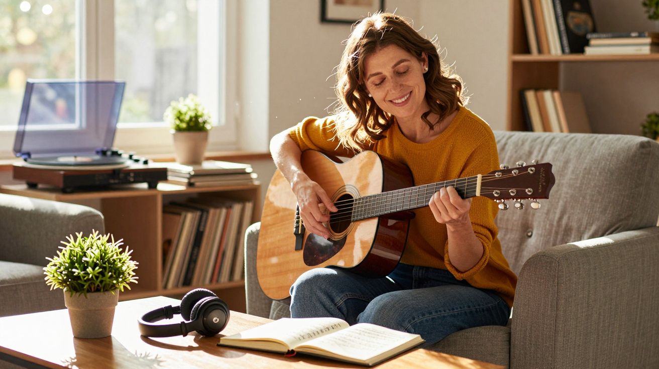 Femeie zâmbitoare cântând la chitară pe canapea, cu caiet deschis și căști pe masă în lumina naturală.
