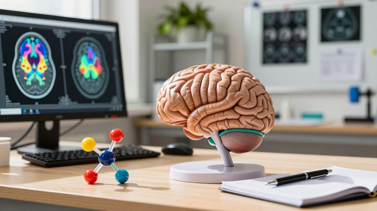 Model 3D al creierului pe birou cu moleculă, caiet și imagini cerebrale pe monitor într-un laborator medical.
