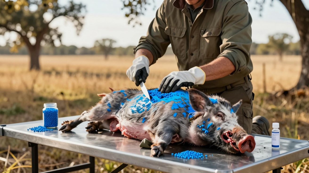 Bărbat în mănuși aplicând tratament cu pulbere albastră pe un porc mort pe o masă metalică în aer liber.